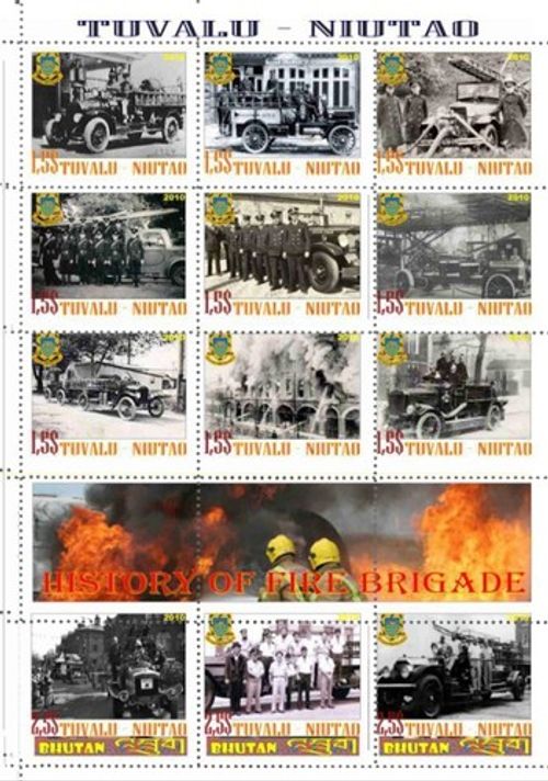 Stamp sheet+block Tuvalu-Niutao History of Fire Brigades #2 2010 Firefighters