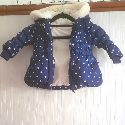 George Girls Navy & White Heart Print Hooded Padded Puffer Coat 9-12 Months — image 1