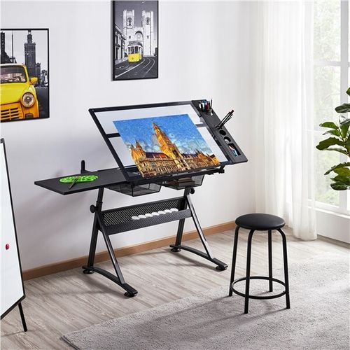 Adjustable Glass Drafting Table with 2 Drawer Art Craft Drawing Board with Stool — image 3