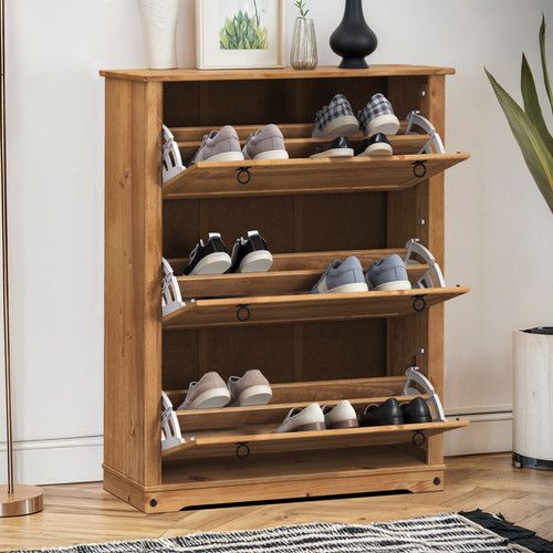 Corona Shoe Rack Chest 3 Shelf Cupboard Antique Wax Solid Wood Pine Wooden