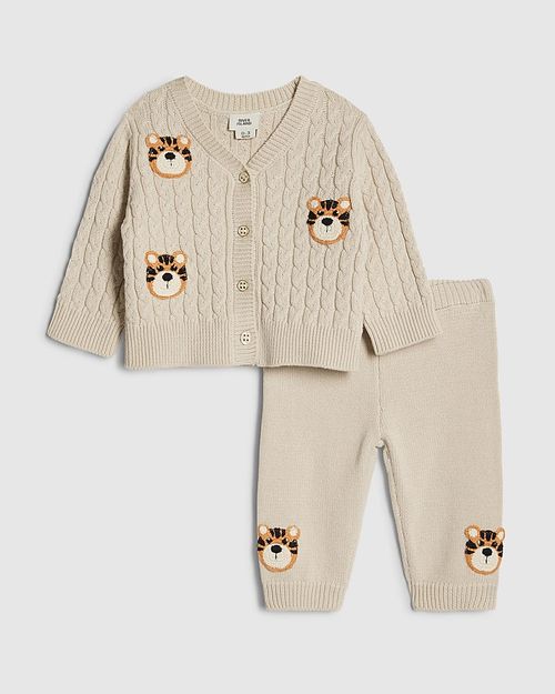 River Island Baby Boys Cardigan & Joggers Set Beige Tiger 2 Piece Long Sleeve — image 1