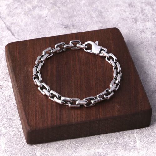 Solid 925 Sterling Silver Mens Plain Chain Clasp Cuff Bracelet Full length — image 1