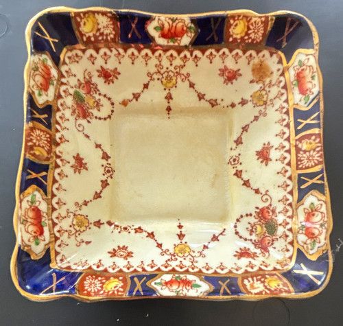 Bradley's England Fine Bone China Floral Square Dish Cream Blue Gold Printed