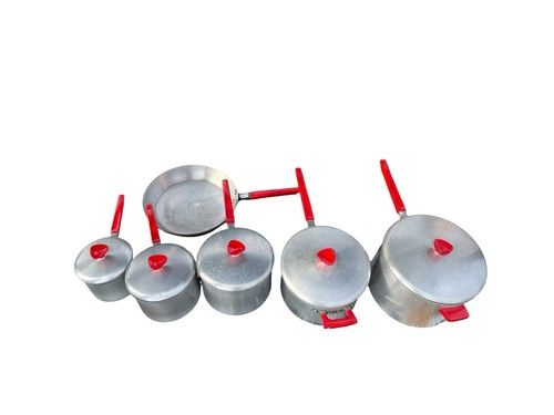 Vintage Crown Merton Aluminium Saucepan Set 1950s 60s Red Handles + Frying Pan