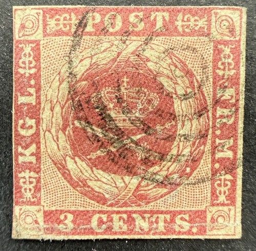 Danish West Indies Scott 1 1856 3¢ Dark Carmine Used Wmk 111 CV $235