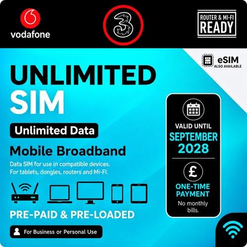 Three Sim Card - Vodaphone Pre-Loaded Unlimited Data - 5G Mobile | Exp Sept 2028