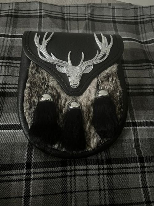 Semi-Dress Scottish Kilt Sporran Stag Head Design with Grey Rabbit Fur & Leather
