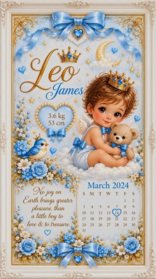 Personalised Baby Boy Nursery Name Wall Print Blue Gold White Calendar Picture