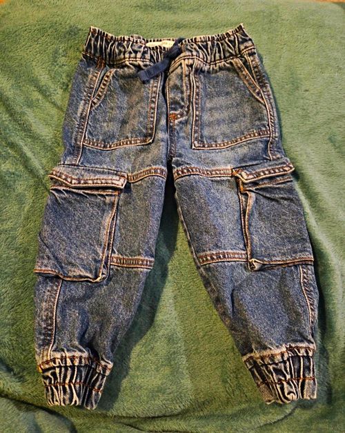 Boys Blue Denim Cargo Jeans Drawstring Elastic Waist Pockets Size 1-2 Years — image 1