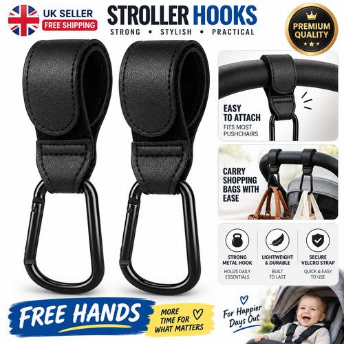 2X Black Stroller Hooks Pushchair Pram Buggy Bag Clips Carabiner Shopping Holder