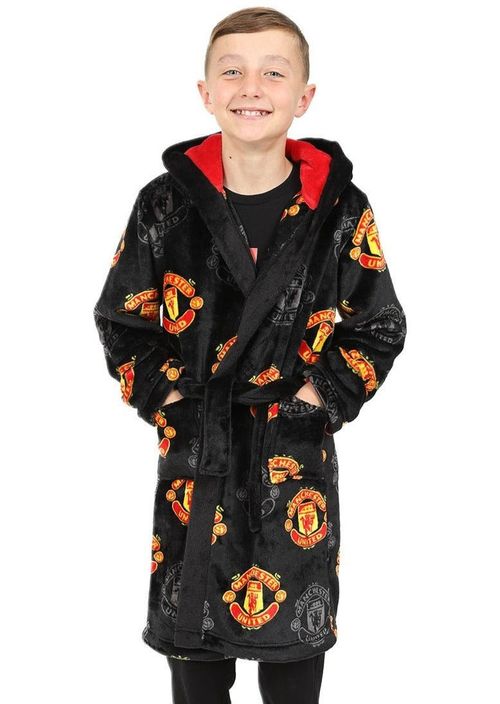 Boys Manchester United FC Official Dressing Gown Fleece Hooded Kids Robe Black — image 1