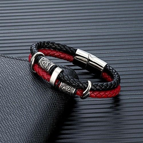 Viking Compass Bracelet Men Genuine Leather Stainless Steel Norse Runes Valknut