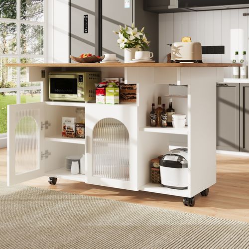 Kitchen Island w/ Drop Leaf, Glass Doors, Serving Trolley Storage Cabinet, White — image 1