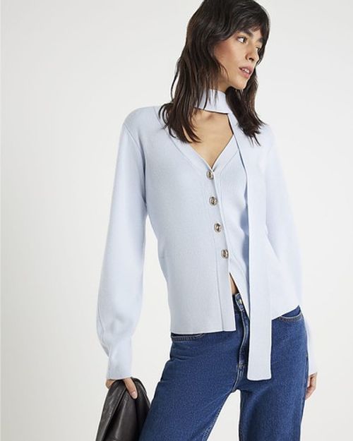 River Island Womens Cardigan Blue Knitted Tie Neck V-Neck Button Jumper Top