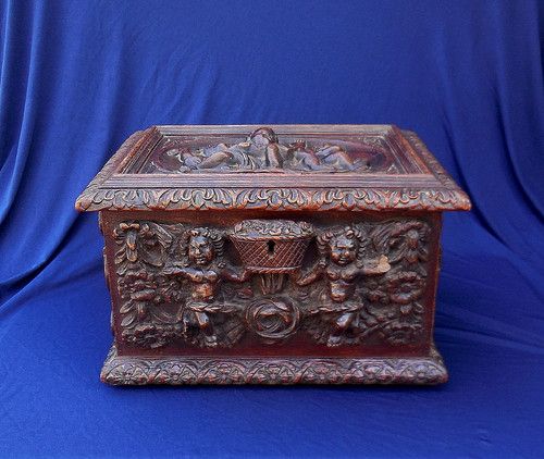 An Antique C19th Carved Oak RENAISSANCE REVIVAL Country House Letter Box Cherubs