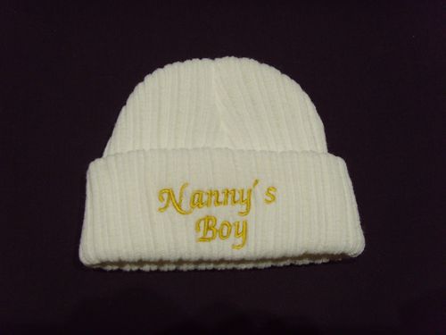 Baby Knitted Wool Embroidered Personalised Hat With Saying Nanny's Boy   — image 1