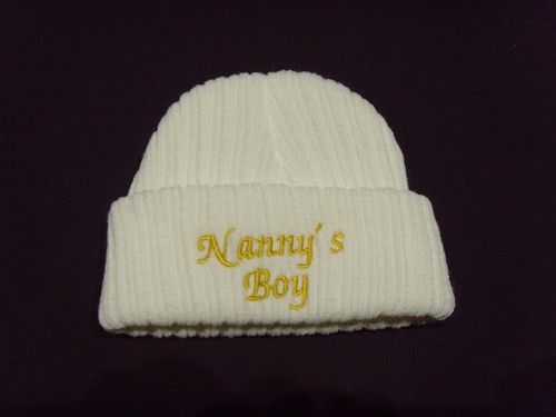 Baby Knitted Wool Embroidered Personalised Hat With Saying Nanny's Boy  