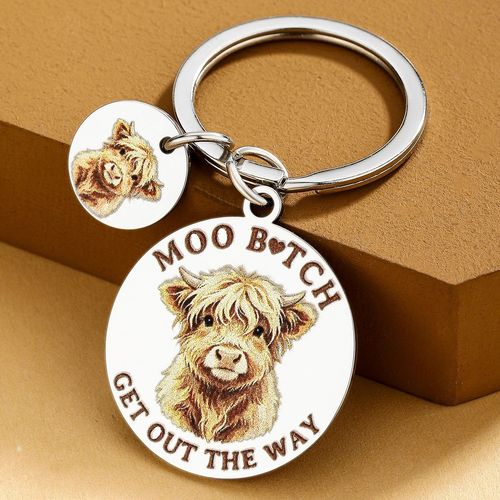 Gift Keychain  Highland Cow Moo Bitch Keychain Stainless Steel Funny Gift — image 1