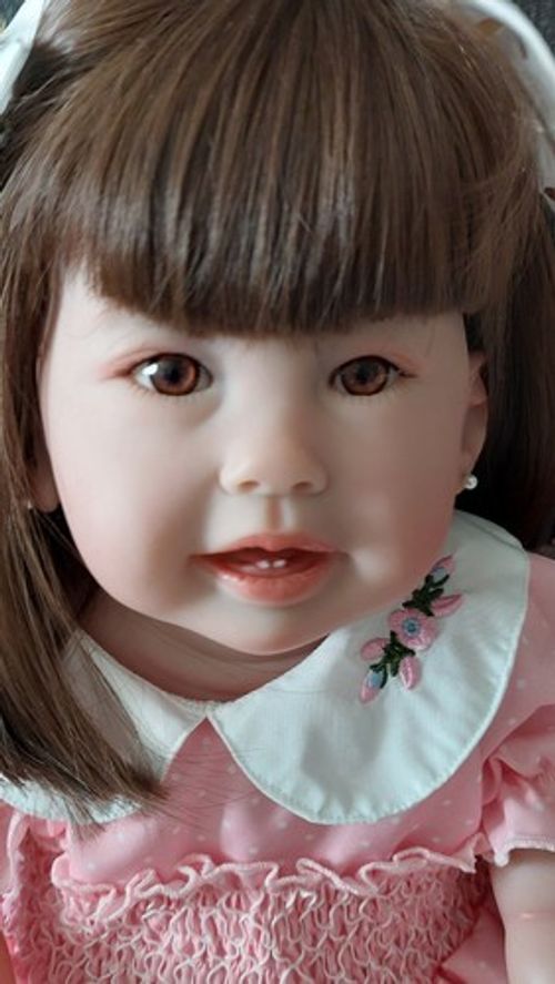 Realistic Girl Baby Doll Brown Eyes Straight Brown Hair Pink Dress