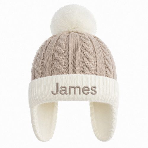 Personalised Baby Knit Hat with Pom Pom – Custom Name Beanie  Ear Flaps 0-12mths