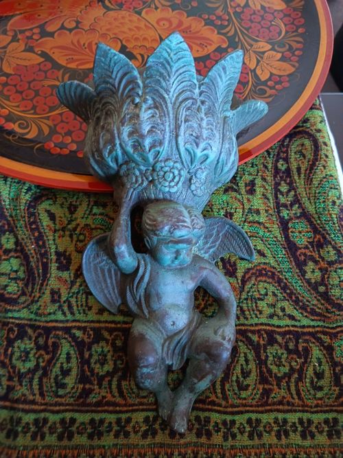 Vintage Brass Cherub Putti Wall Planter Pocket — image 2