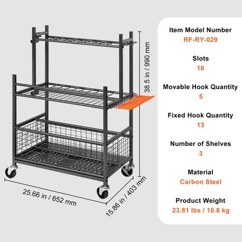 VEVOR Garden Tool Storage Rack with Wheels Garage Organizer 16 Slots with Hooks — image 7