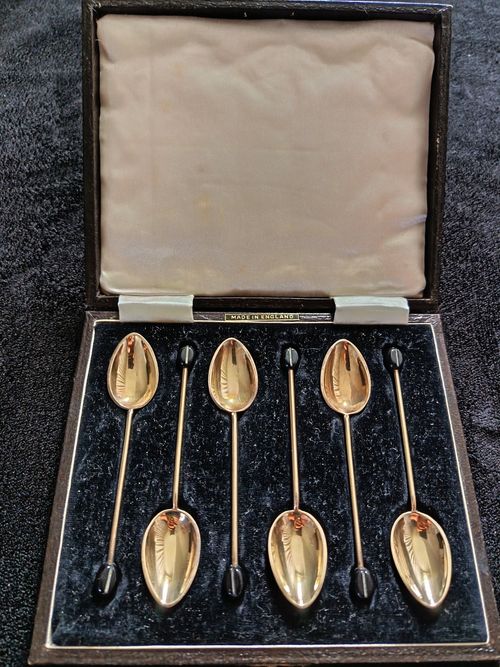 Art Deco Set 6 Enamel Gilted Solid Silver Coffee Spoons Birmingham 1930 — image 2
