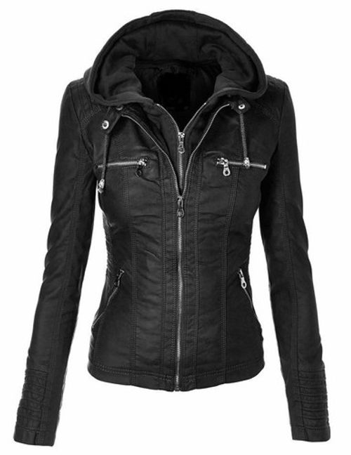 New Women Black Biker Hooded Lambskin Leather Jacket