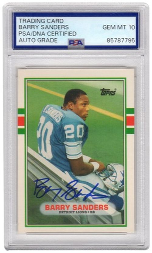 Barry Sanders Signed Lions 1989 Topps RC Football Card #83T - (PSA / Auto 10)