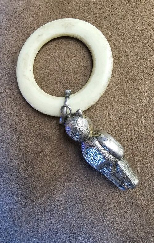 Antique Silver Teddy Bear Baby Rattle Complete With Teething Ring — image 10