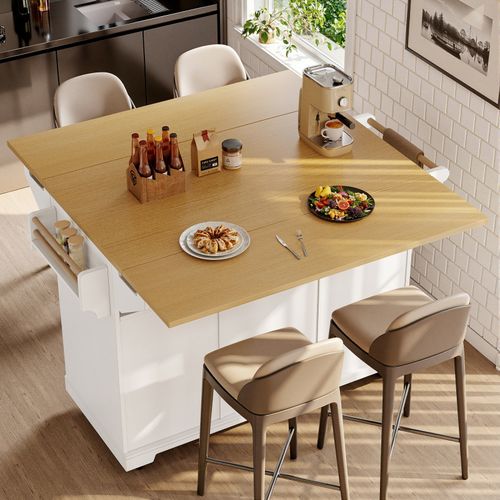 Kitchen Island on Wheels Rolling Storage Trolley with Extendable Worktop, White — image 4