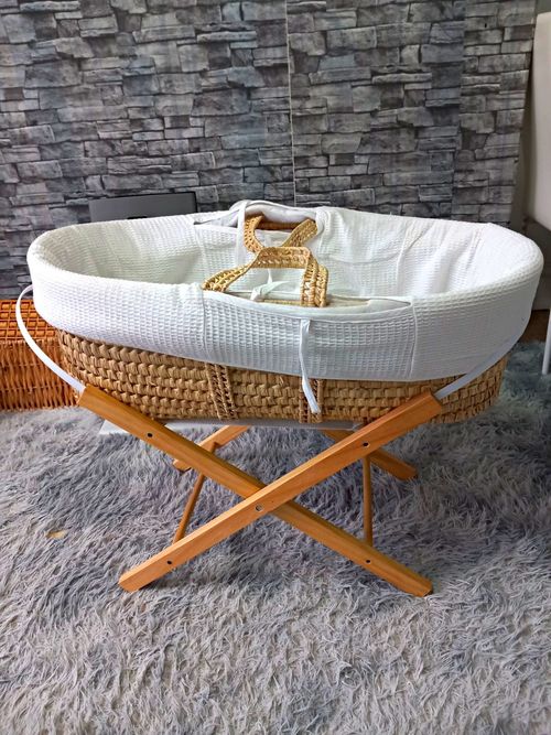 Wicker Oval Moses Basket Set with White Padded Liner on Folding Wooden Stand — image 1