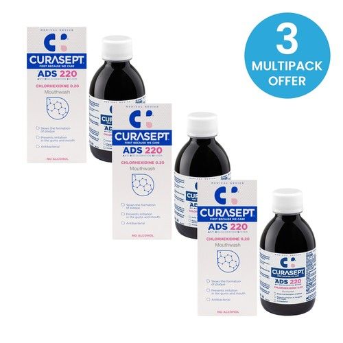 Curasept ADS 220 Chlorhexidine 0.2% Mouthwash 200ml Pack of 3, Alcohol-Free
