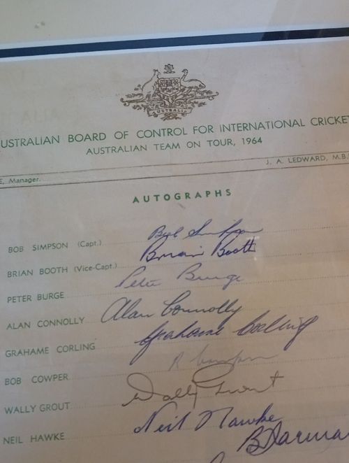 1964 Australian Ashes Tour Team Autograph Sheet signed by all 17 players framed — image 3