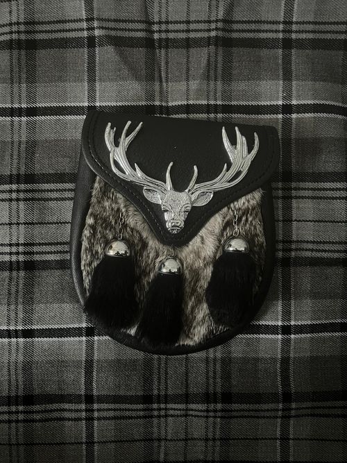 Semi-Dress Scottish Kilt Sporran Stag Head Design with Grey Rabbit Fur & Leather — image 5