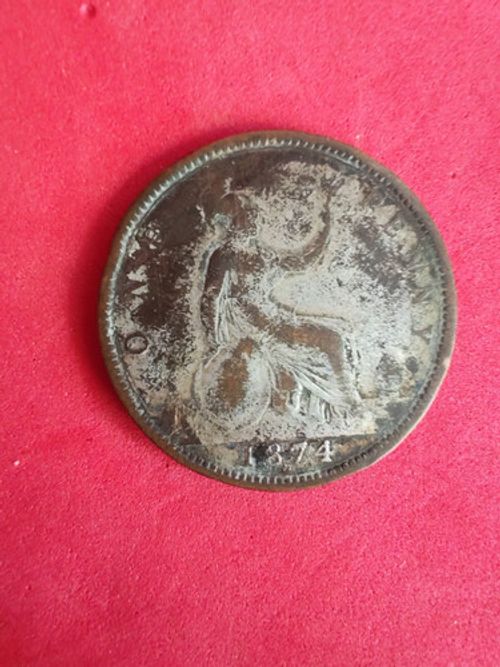 1874h Penny, Queen Victoria Young Head Copper Coin Heaton Mint. 