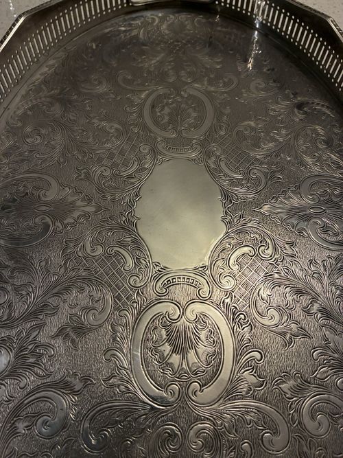 Sheffield Silver Plated Oval Serving Tray, Pierced Gallery, Handles, England — image 9