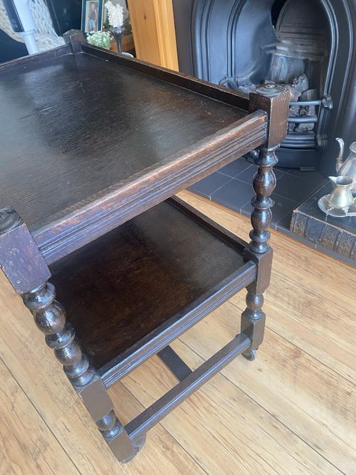 Vintage Oak Carved Twist Drinks Trolley Tea Cart 2 Tier Serving Cart on Castors — image 5