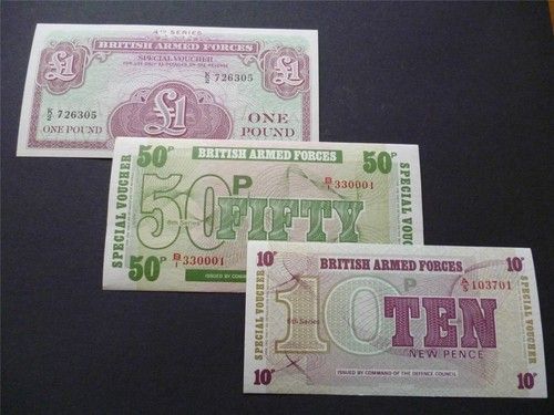 THREE MINT UNUSED MILITARY/ARMED FORCES BANKNOTES/SPECIAL VOUCHERS £1, 50P & 10P