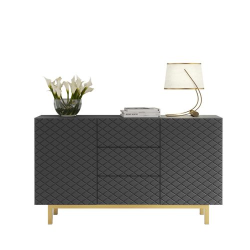 Sideboard Cabinet Diamond Pattern 3 Drawers 2 Doors Grey Gold Legs Storage 140cm — image 12