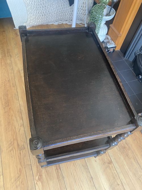 Vintage Oak Carved Twist Drinks Trolley Tea Cart 2 Tier Serving Cart on Castors — image 6