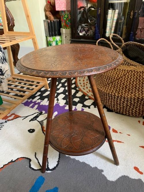 Antique oak side table hand made two tiers with carved fruit and leaves