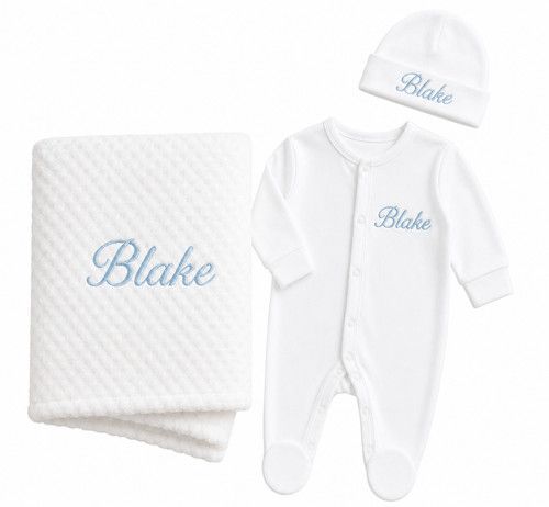 Personalised, Baby Gift Set, Embroidered, Blanket, Sleepsuit, Hat, Newborn, 0-3M