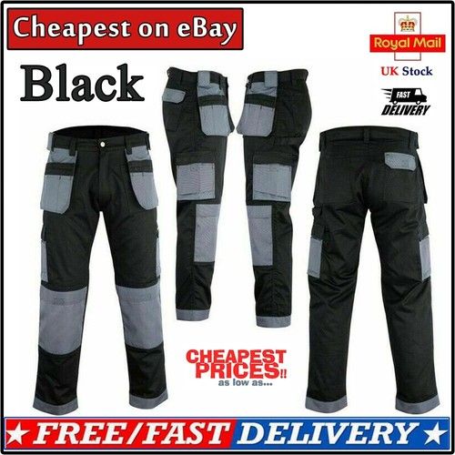 Men's Black Work trouser with knee pad holster pocket  Grey Cargo Pant YKK Zip