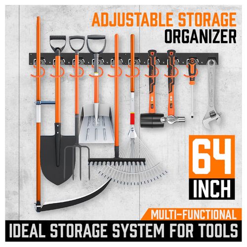 64 Inch Garage Tool Organizer Wall Mount Hooks Adjustable Storage Holders Garden — image 3