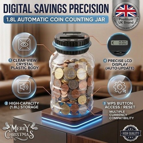 Electronic Digital LCD Coin Counter Counting Jar Money Saving Piggy Bank 1.8L