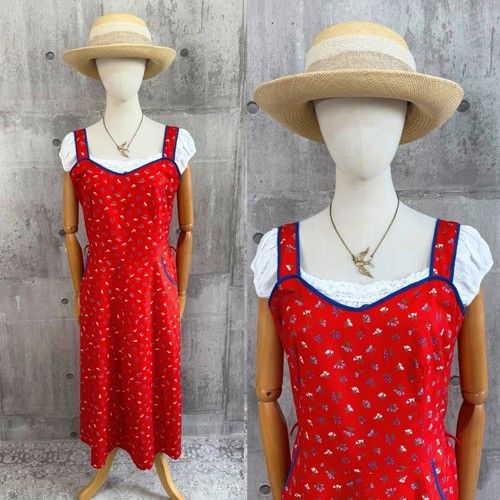 Vintage Red Floral Long Dress Cottagecore Prairie Folk Sleeveless Retro