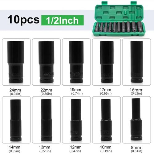 Thin Wall Long Reach Deep Impact Socket Set 1/2" Drive - 10PCS Metric 8-24mm — image 2
