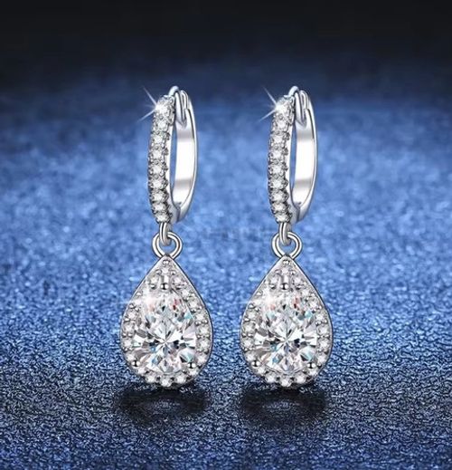 14K White Gold Plated 2Ct Pear Cut Lab Created Diamond Dangle/Drop Hoop Earring