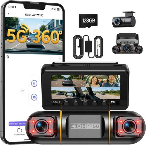 5G WiFi 4 Channel Dash Cam360° Front Rear Inside DashCam,1080P Car Camera 128GB